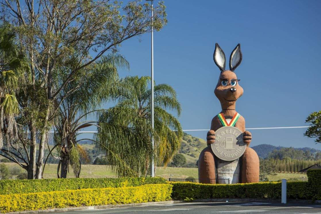 A Statue Of A Kangaroo Holding A Coin In A Parking Lot — X-Terminate Pest Control In Gympie, QLD