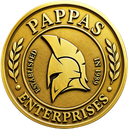 Gold circular logo for Pappas Enterprises with a Spartan helmet and laurel accents