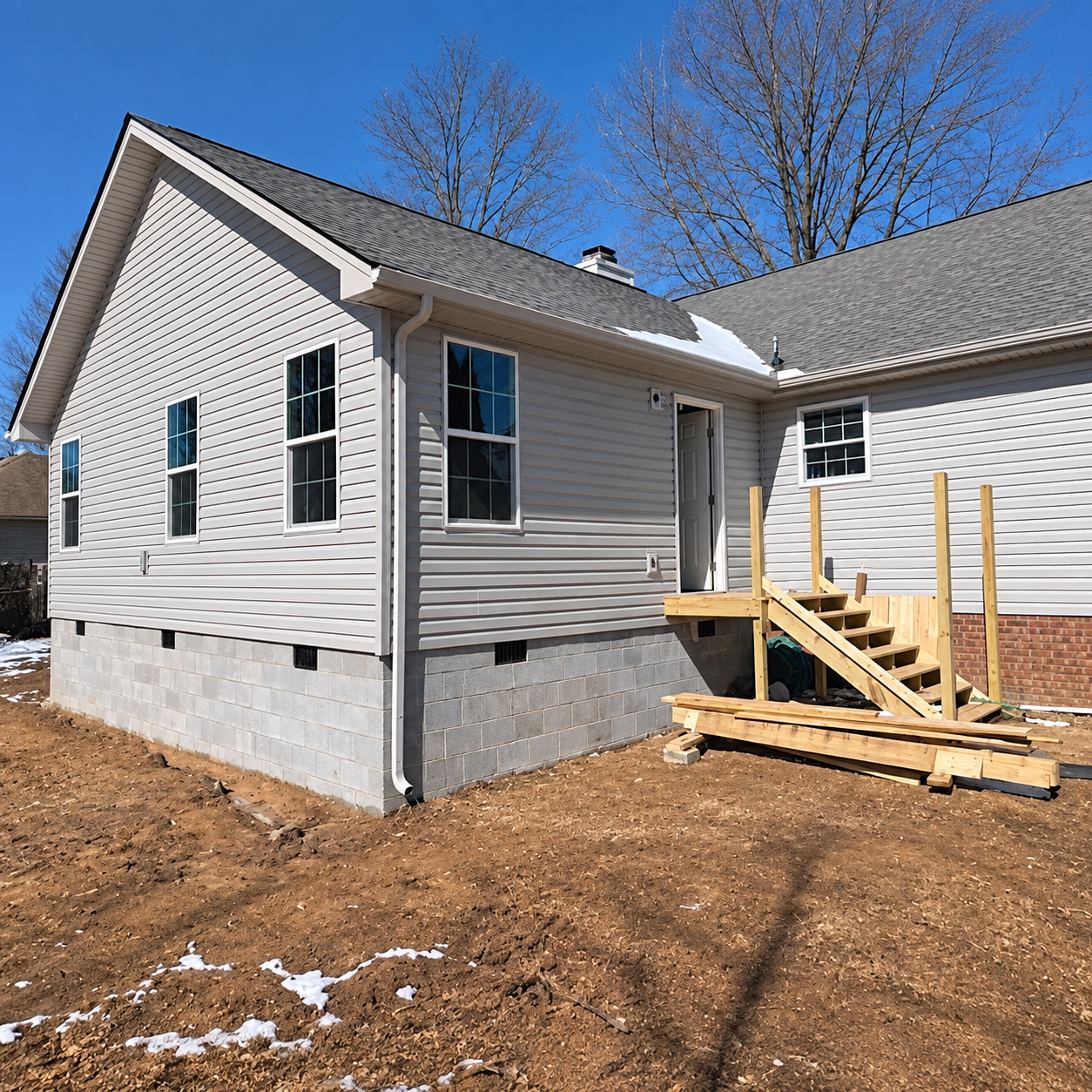 New white house exterior with unfinished wooden steps and bare yard under a blue sky