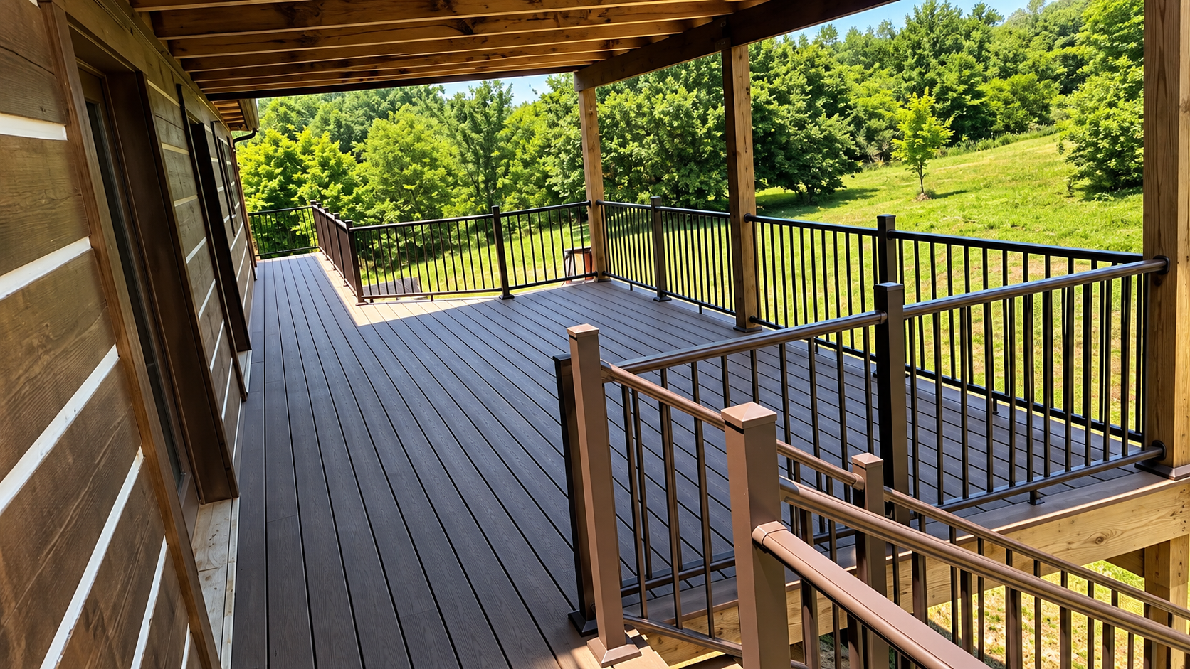 Wooden porch walkway with railings overlooking a green yard and trees