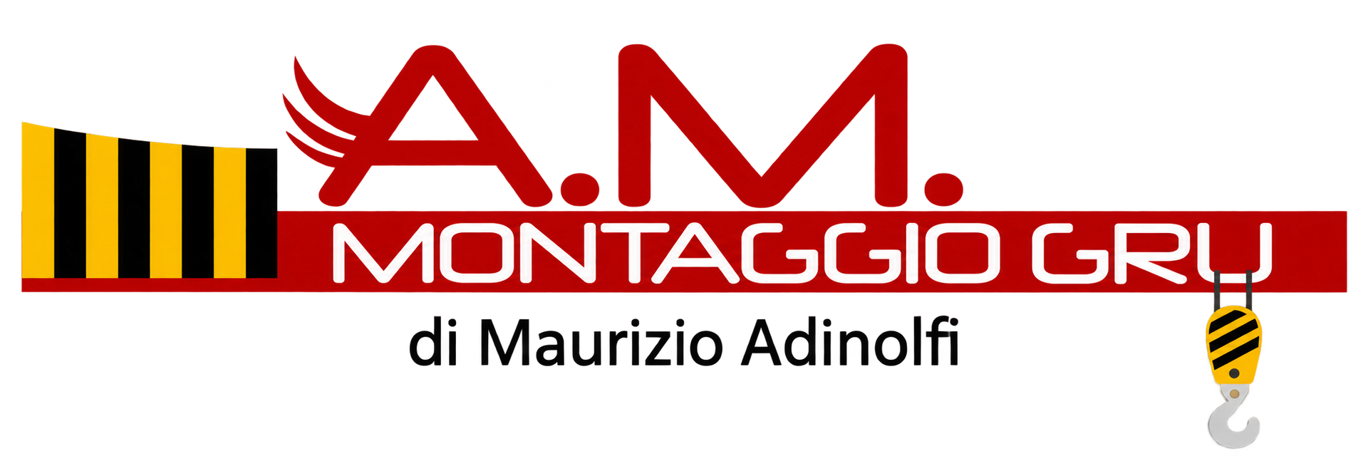 Logo con la scritta rossa “MONTAGGIO GRU”, grafica della gru in giallo e nero e “di Maurizio Adinolfi” sotto.