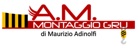 Logo con la scritta rossa &ldquo;MONTAGGIO GRU&rdquo;, grafica della gru in giallo e nero e &ldquo;di Maurizio Adinolfi&rdquo; sotto.