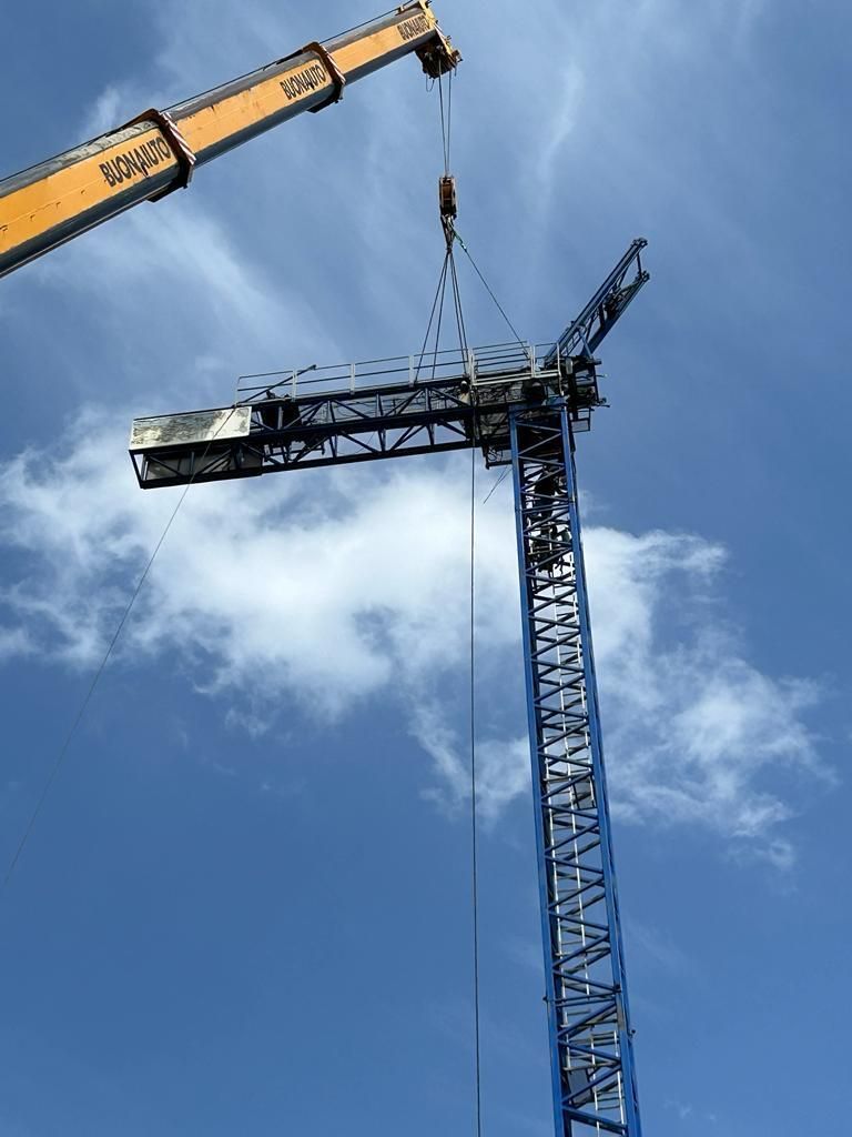 Una gru solleva una sezione di una gru a torre contro un cielo azzurro.