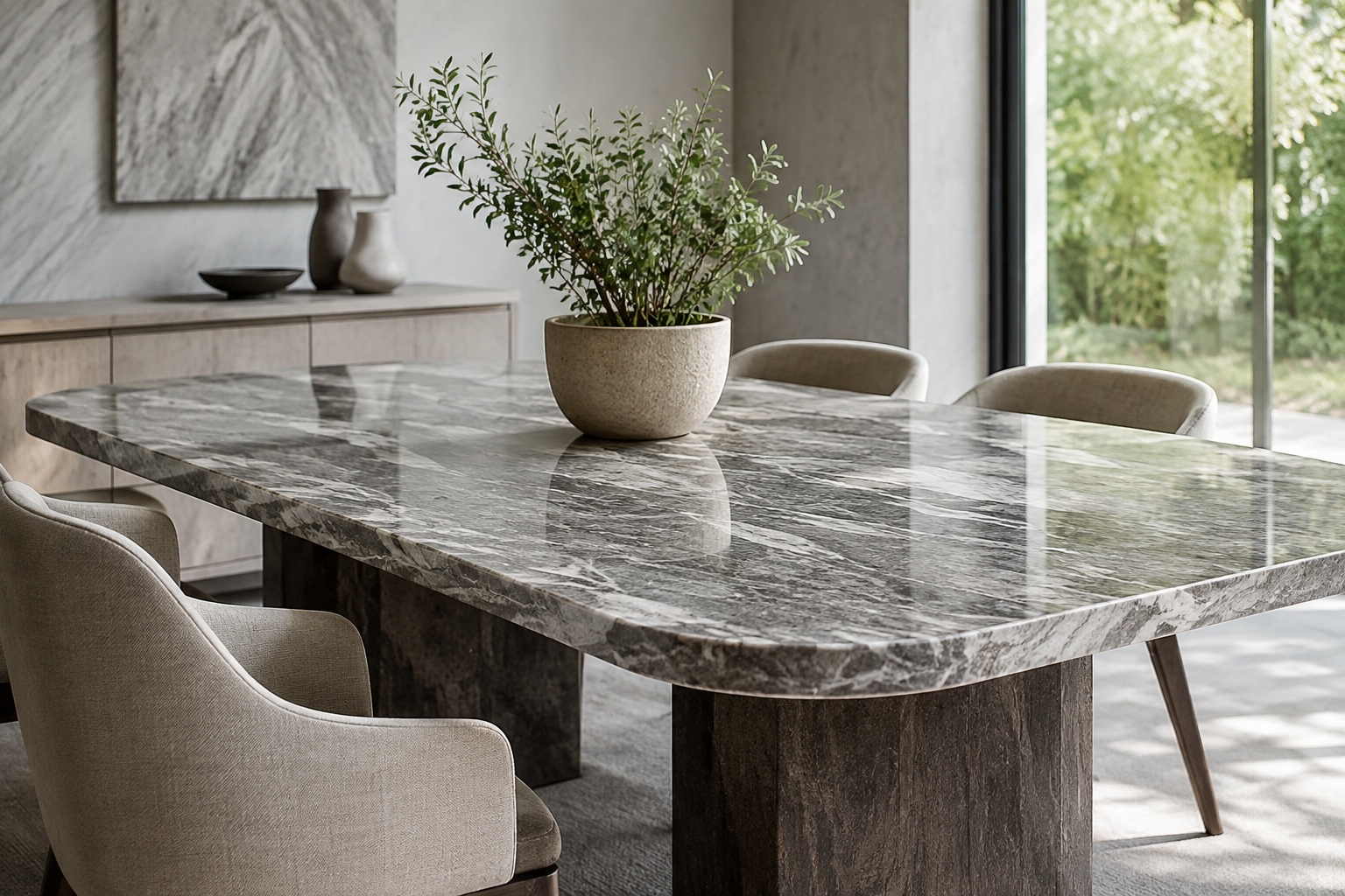 Modern dining room with a stone table, beige chairs, and a potted plant by large windows