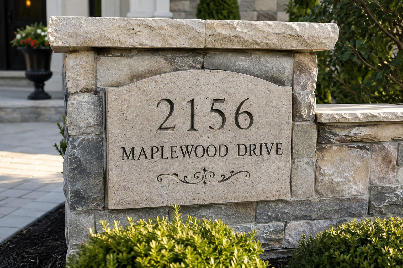 Stone address plaque reading “2156 Maplewood Drive” on a wall with greenery.