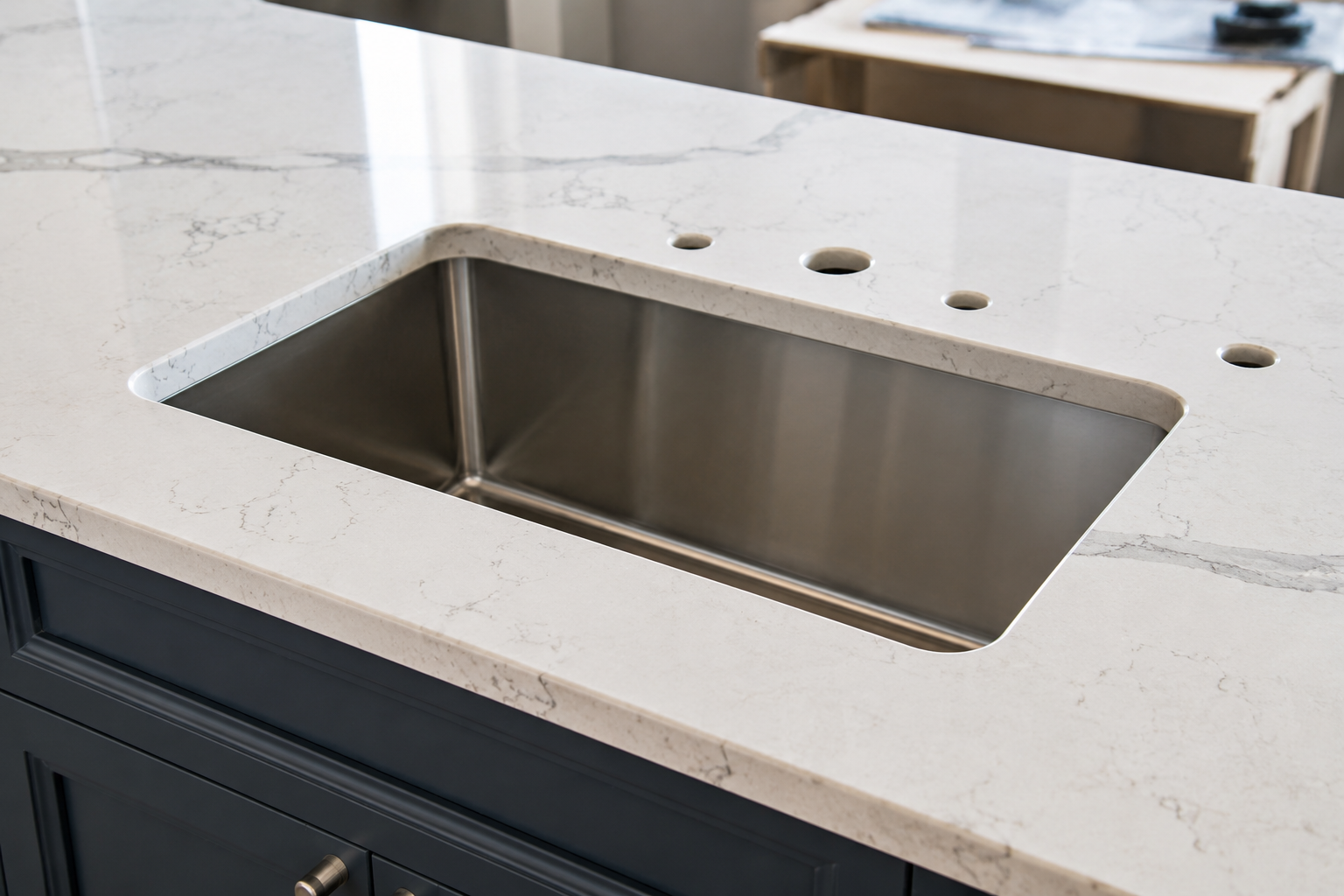 Built-in stainless steel sink in a white quartz kitchen countertop