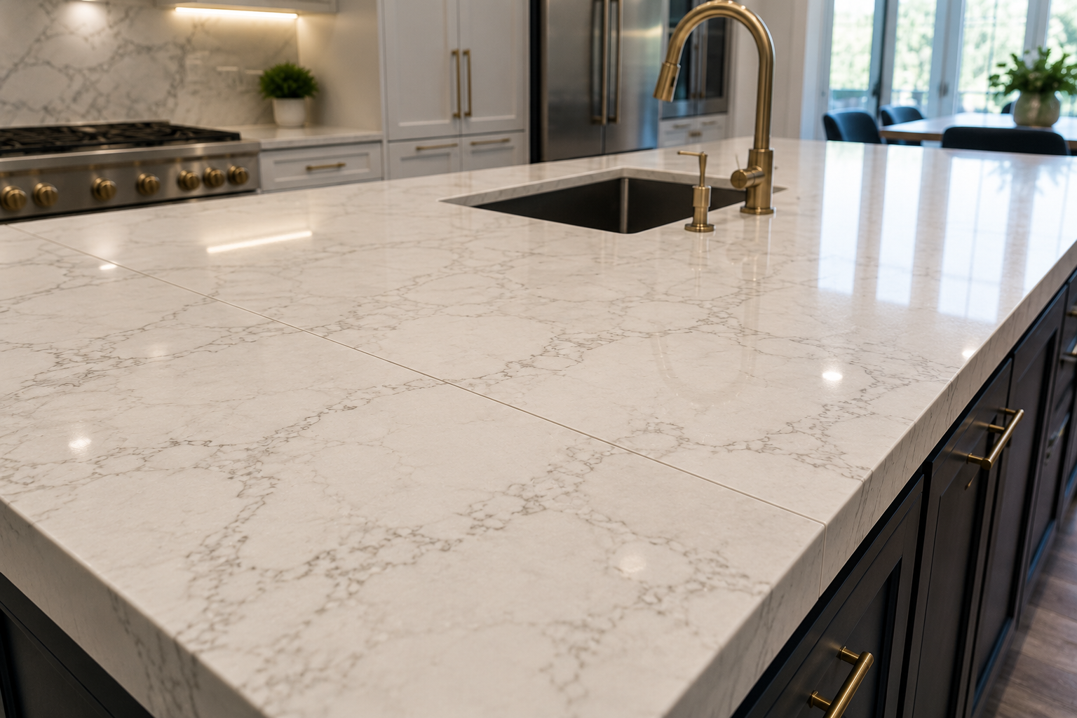 White marble kitchen island with gold faucet, built-in sink, and dark cabinets in a modern kitchen