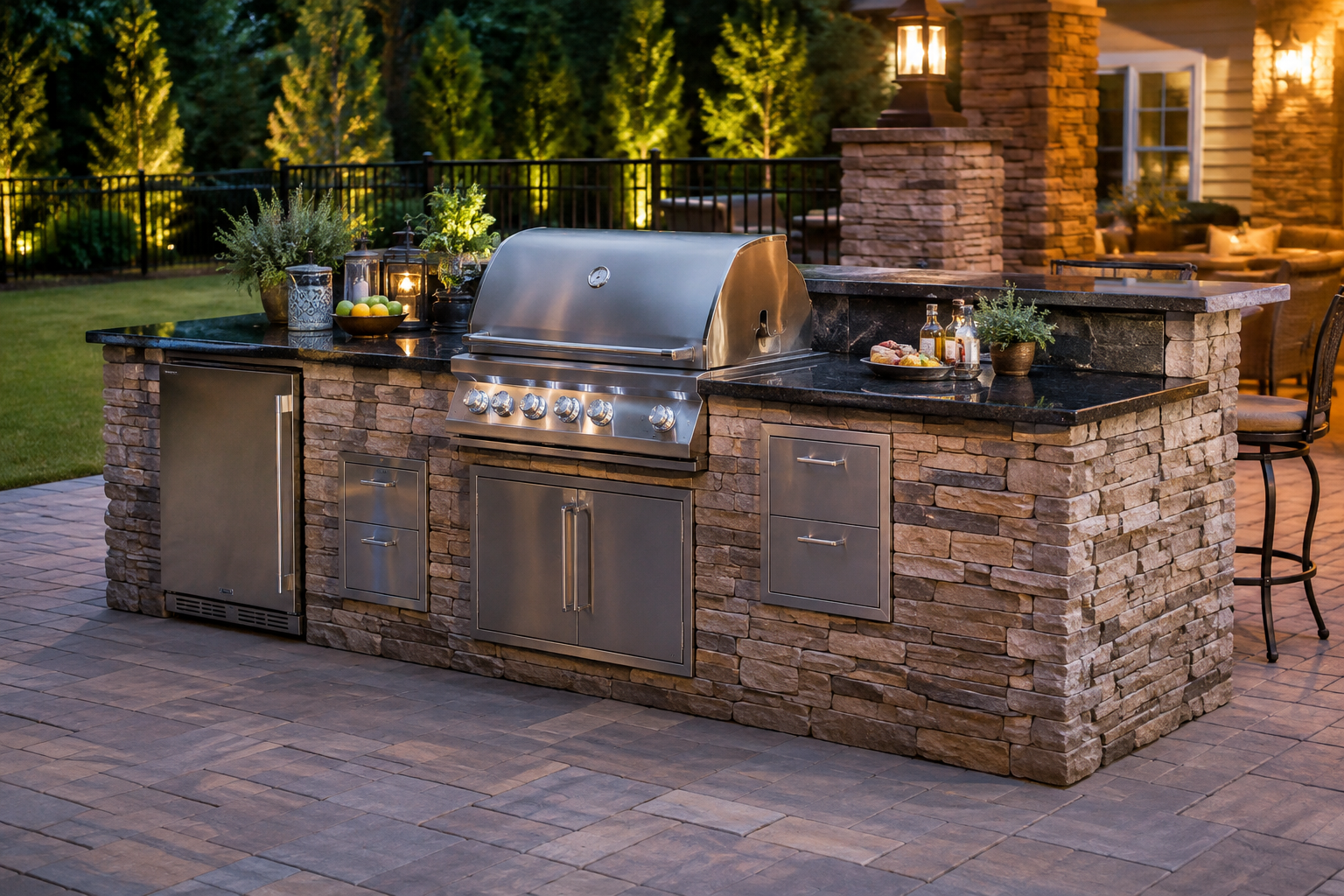 Outdoor stone kitchen island with stainless steel grill and sink on a brick patio at night