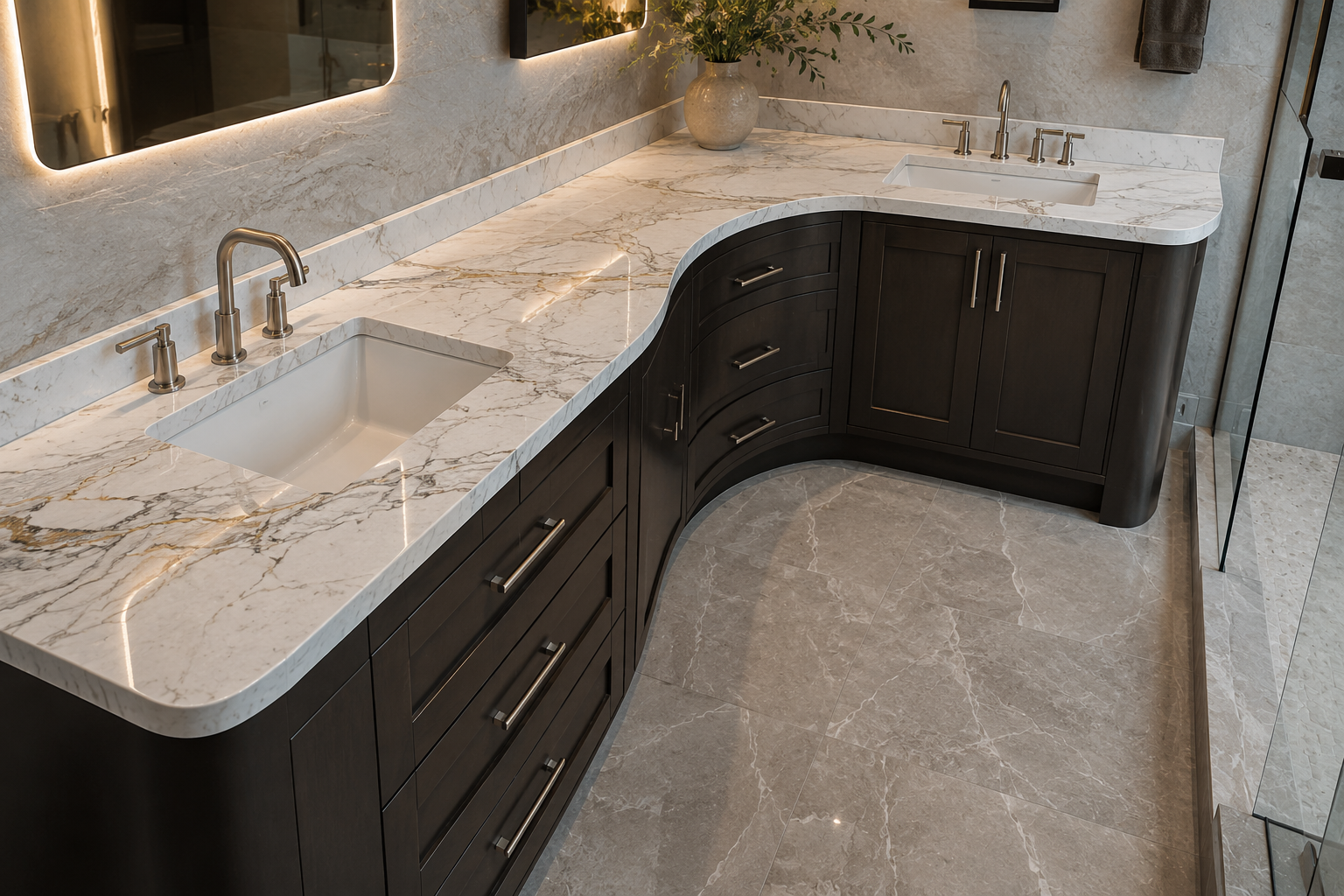 Modern kitchen with white marble countertops, dark cabinets, double sink, and light tile floor