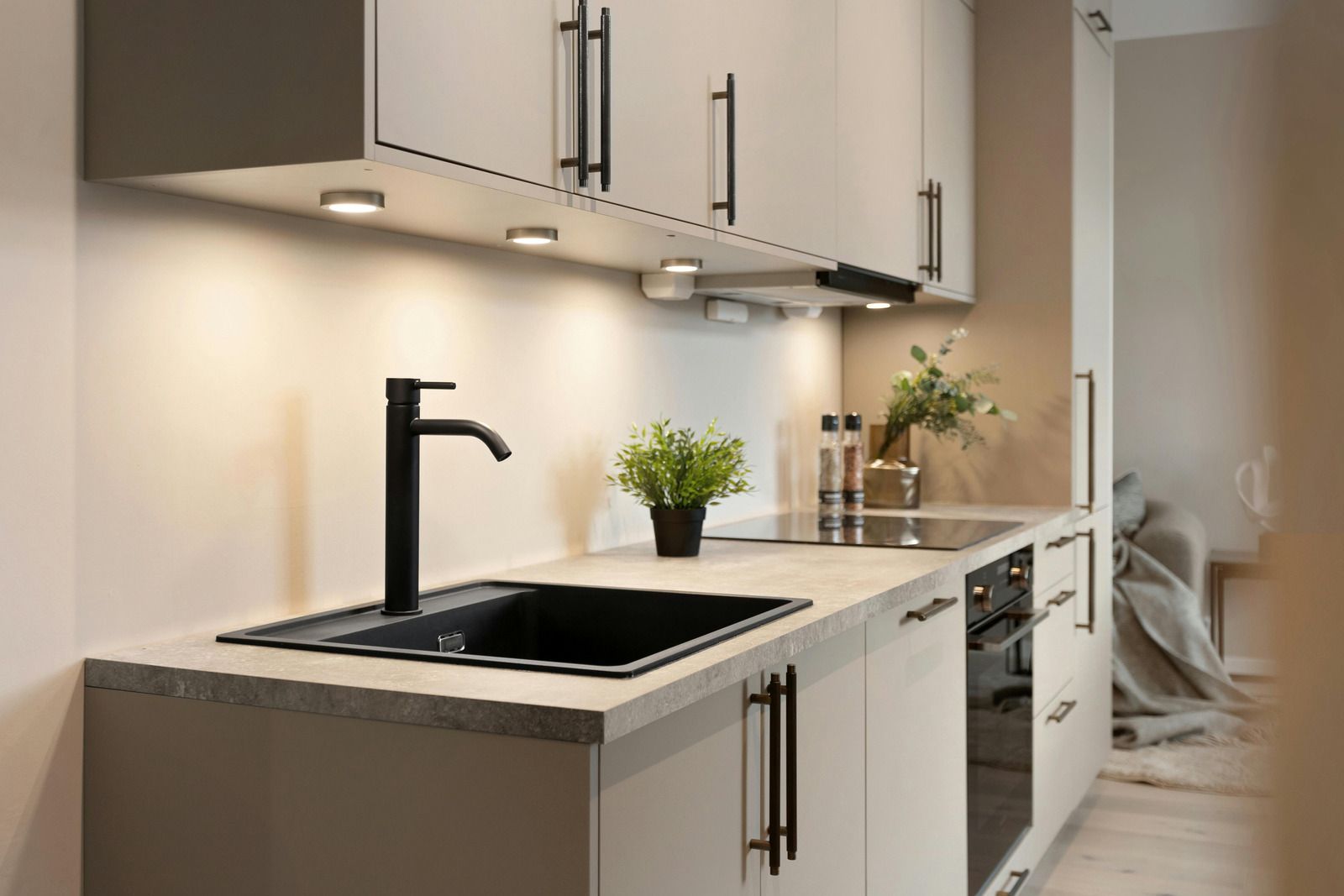 Modern kitchen with black sink, white cabinets, and potted plants on the countertop