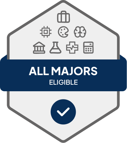 Badge with blue banner: 