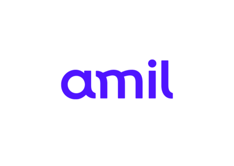 Um logotipo roxo para uma empresa chamada amil em um fundo branco.