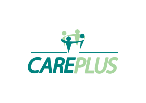 Um logotipo para uma empresa chamada careplus com duas pessoas de mãos dadas.