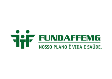 The fundaffemg logo is green and white and says nosso plano é vida e saúde.
