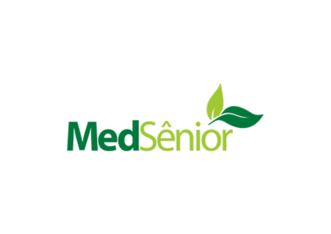 Um logotipo de med senior com uma folha verde em um fundo branco