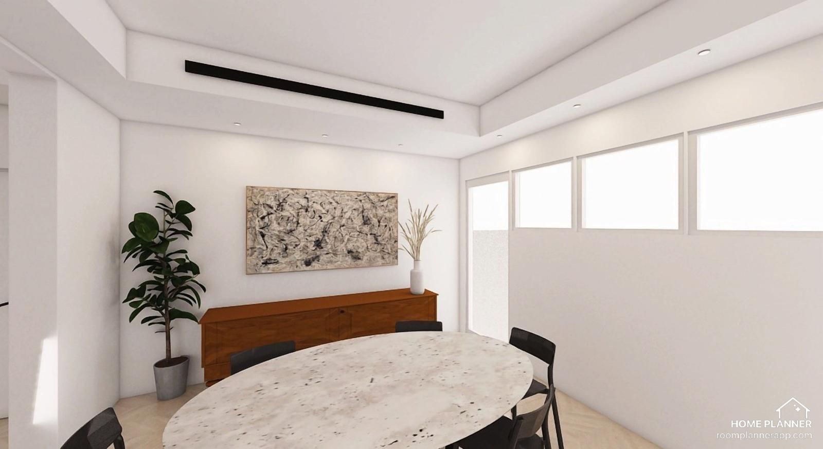 Sala da pranzo con tavolo ovale, credenza in legno, opere d'arte astratte e ampie finestre.