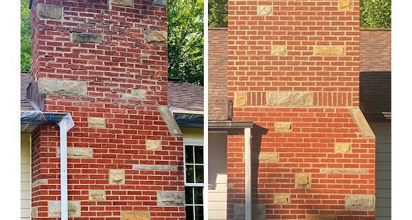 Comparison of a brick chimney before (left) and after (right) cleaning. The chimney is red brick with tan stone accents.