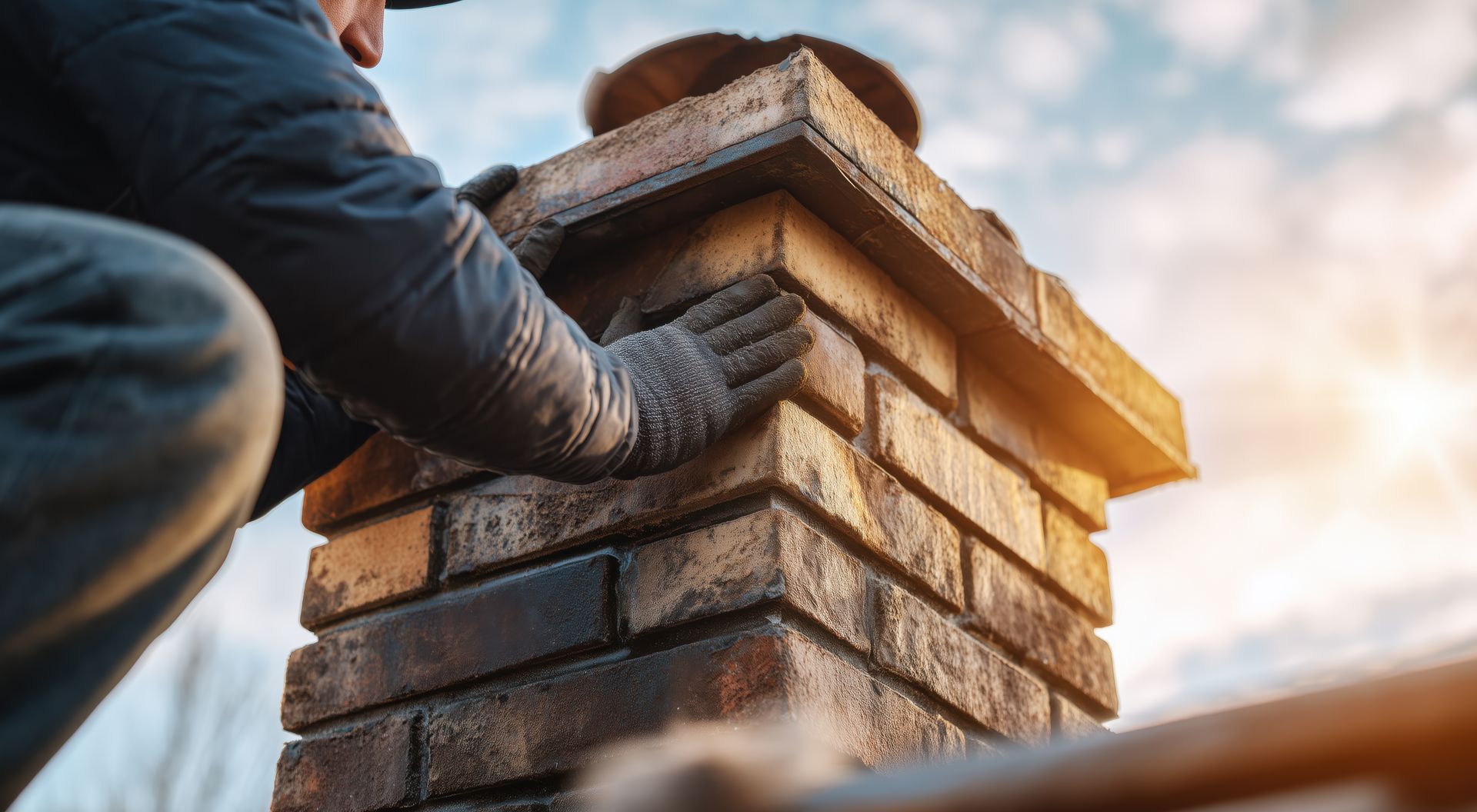 Worker repairing a brick chimney, installing mortar beneath chimney cap.