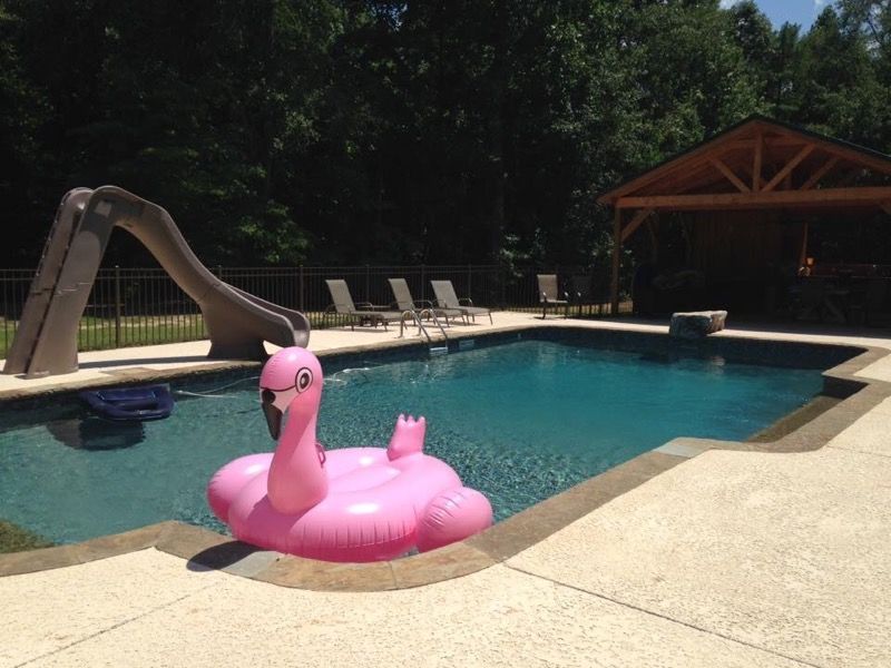 A pink inflatable flamingo floats in a pool with a slide. A gazebo is in the background.