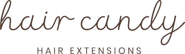 Hair Candy logo with the words “HAIR EXTENSIONS” beneath in brown text on a white background