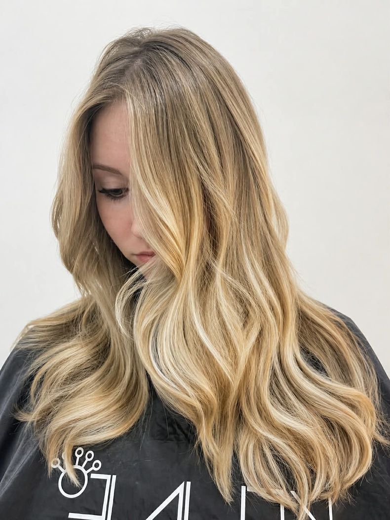Woman with long blonde waves, wearing a black salon cape, looking down in a hair salon.