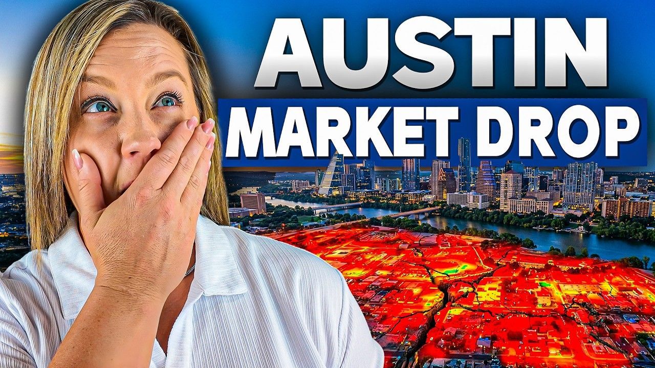 Woman covering mouth beside bold text “AUSTIN MARKET DROP” over a city skyline and red housing map