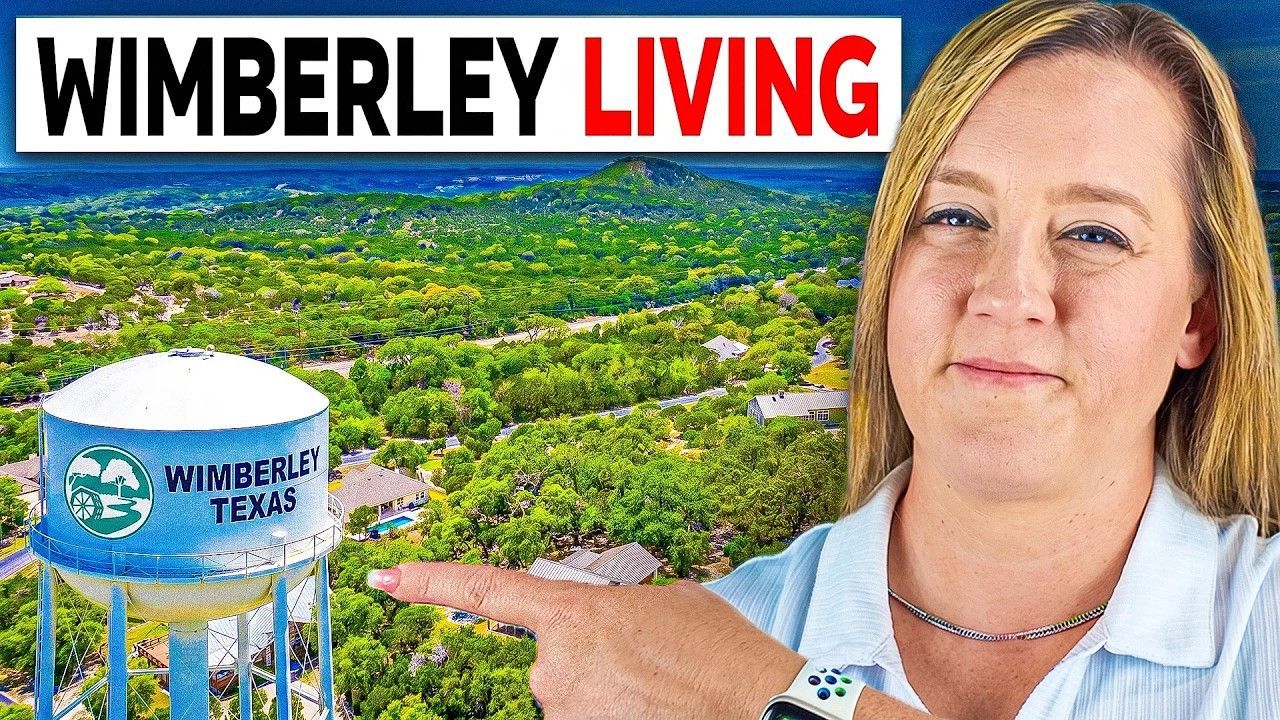 Woman by a Wimberley collage with “WIMBERLEY” and “WORTH IT?” text over scenic creek rocks and greenery