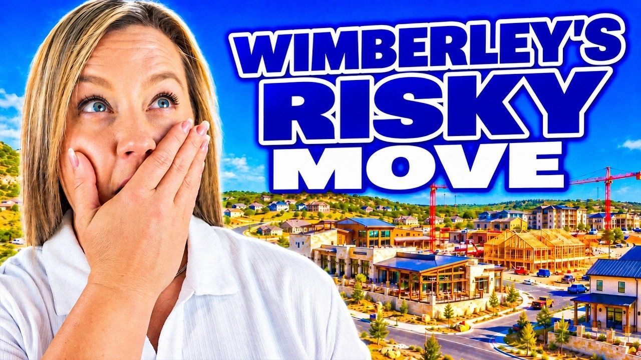 A woman with a surprised expression in front of a scenic view of Wimberley, Texas, featuring new developments.