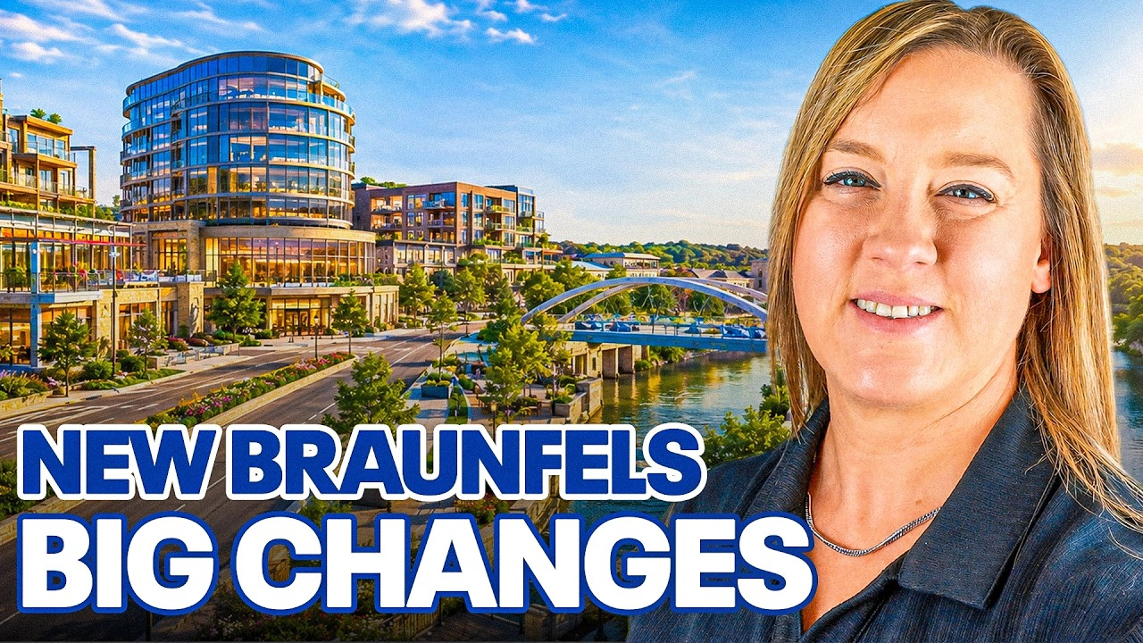 New Braunfels “Big Changes” graphic with riverside buildings and a woman’s portrait