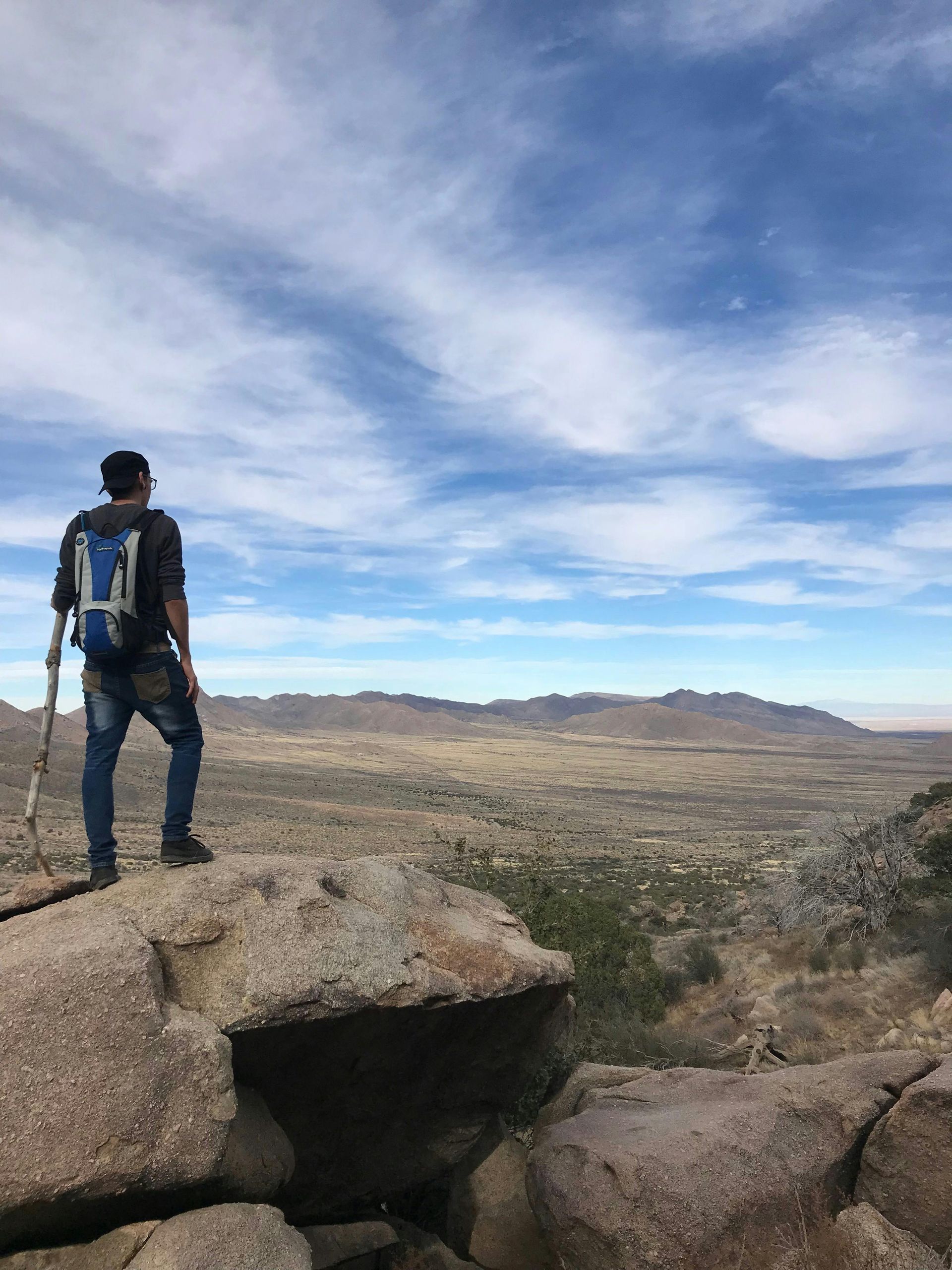 A man is standing on top of a rock looking out over a desert landscape.