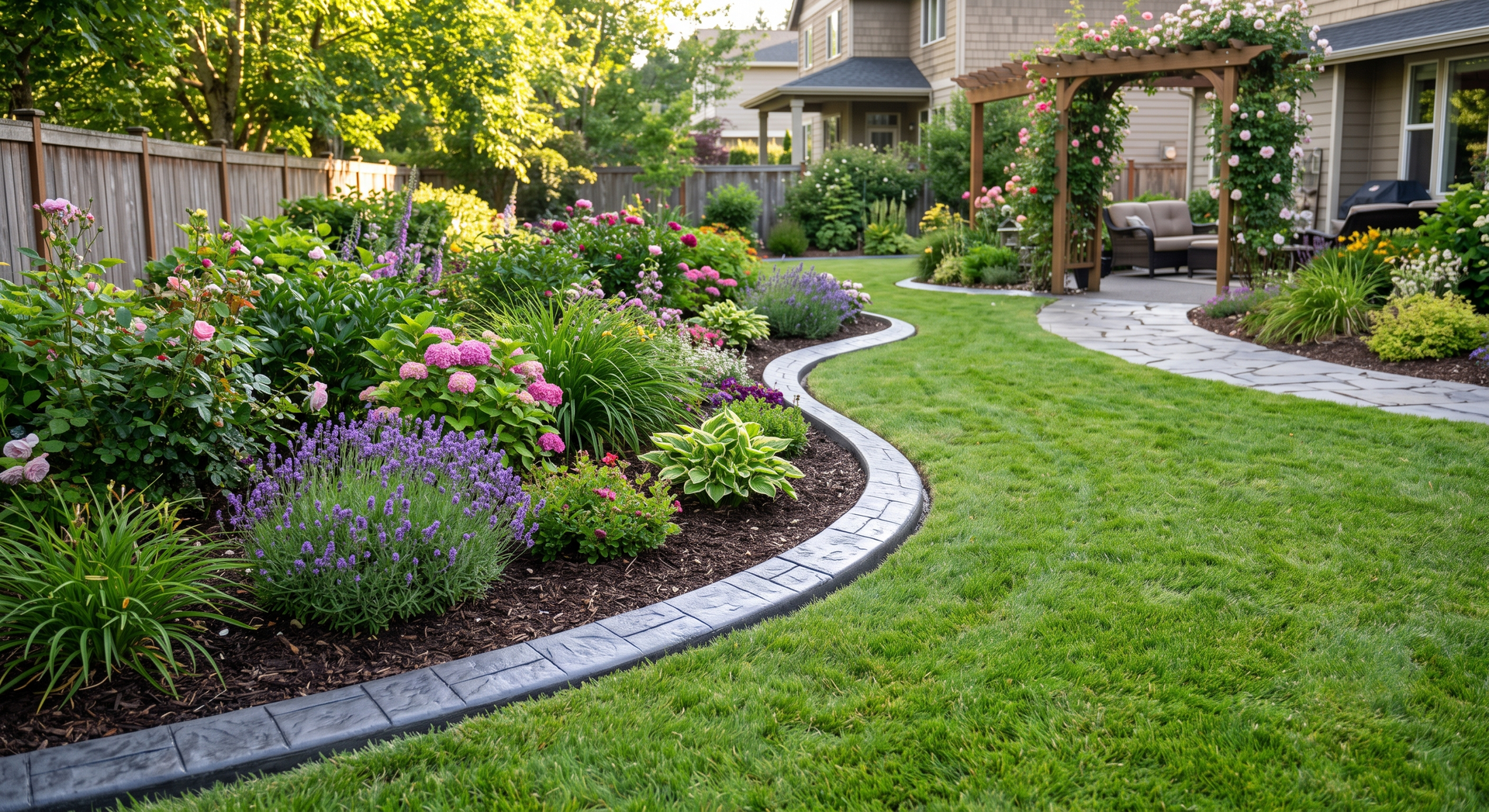 Curved garden border with colorful flowers, shrubs, and a manicured green lawn beside a house