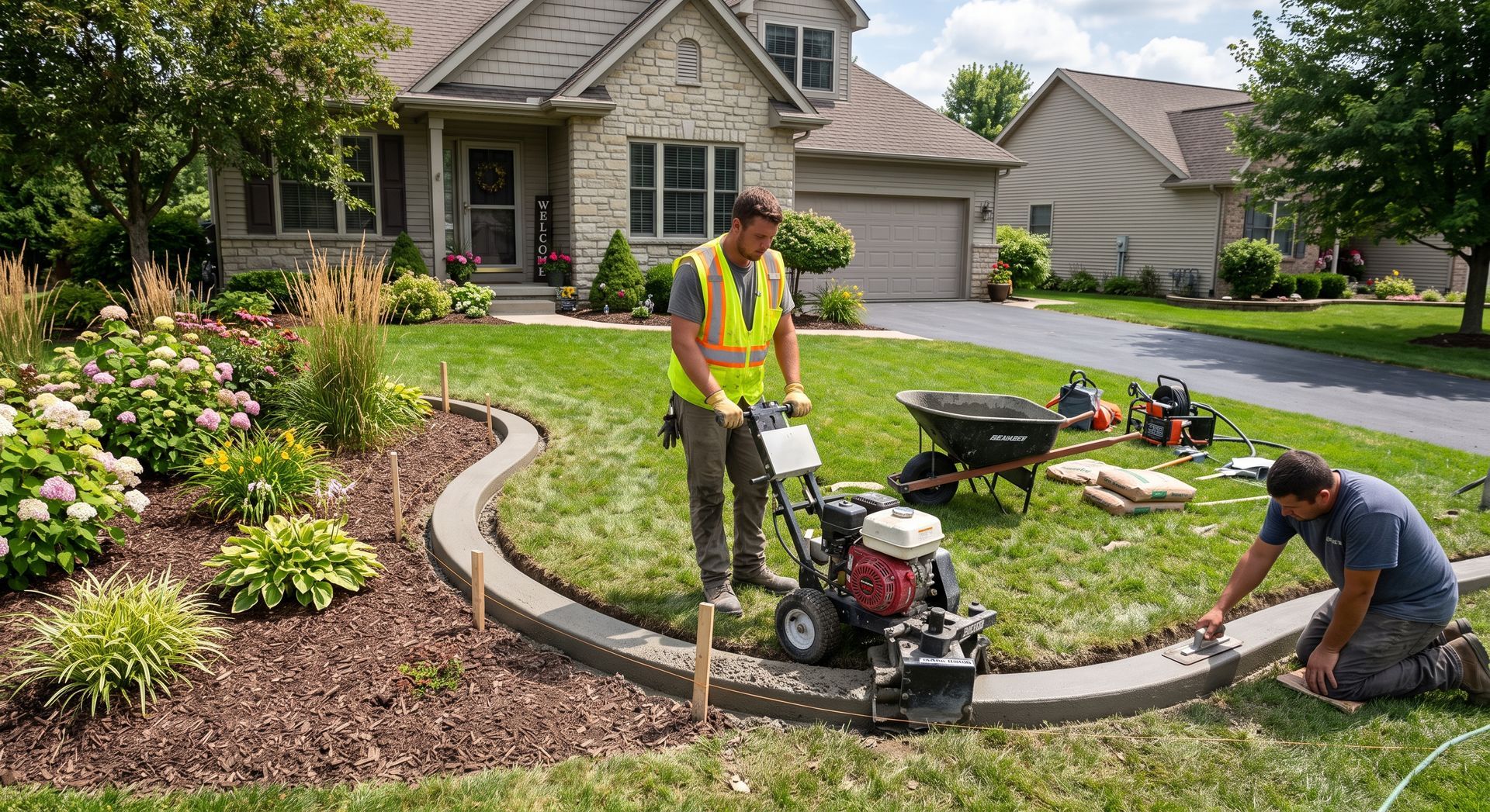 Two landscapers edging a curved garden bed in front of a suburban house