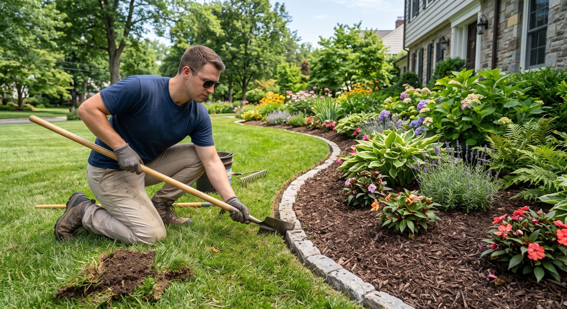 Person kneeling in a garden beside a curved stone walkway, trimming plants near a house