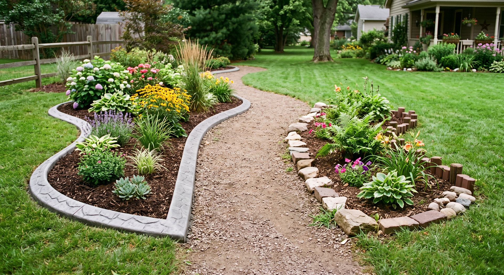 Curved gravel garden path between flower beds with blooming plants and edging stones