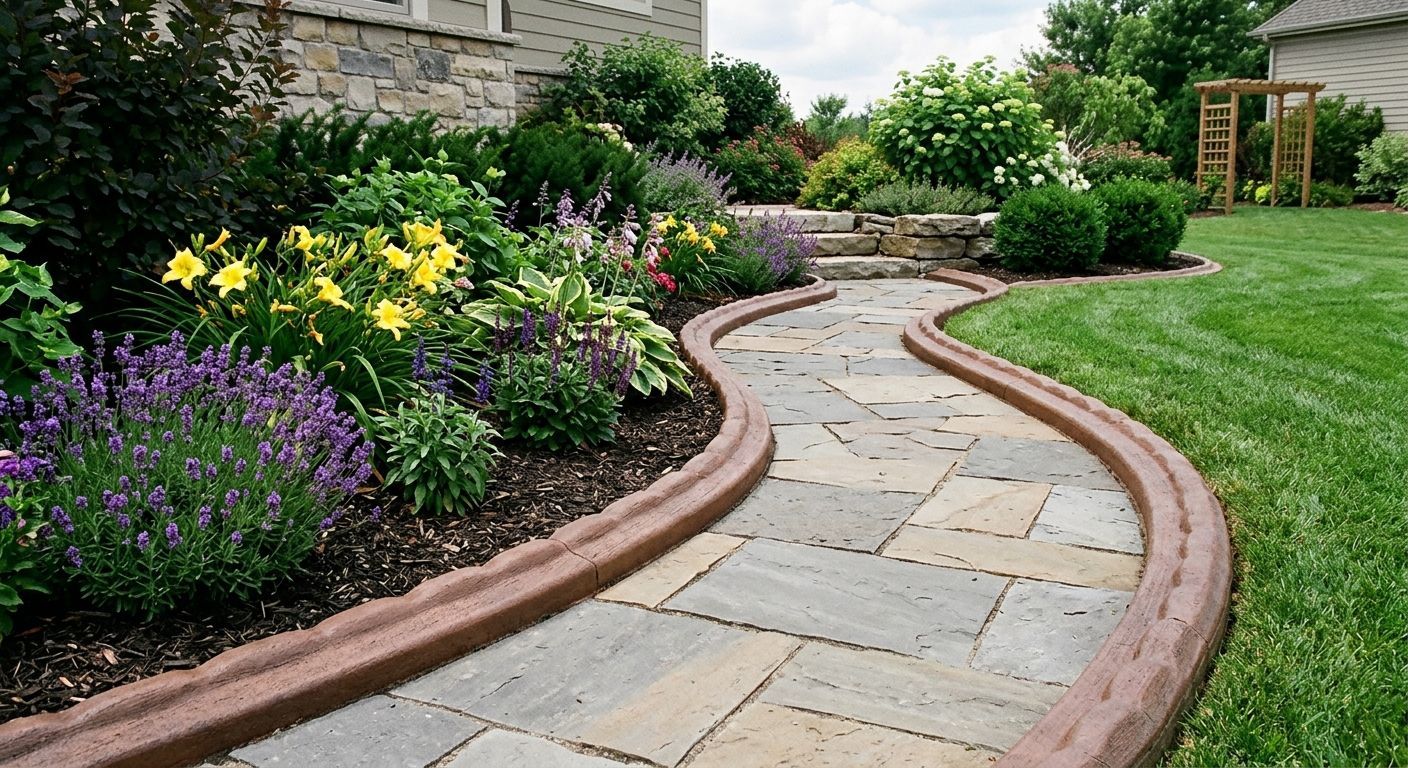 Curving stone garden path bordered by colorful flowers and green shrubs