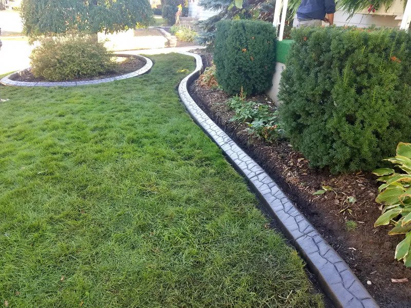 Concrete curbing with a decorative stone pattern separates a green lawn from a garden bed with shrubs.