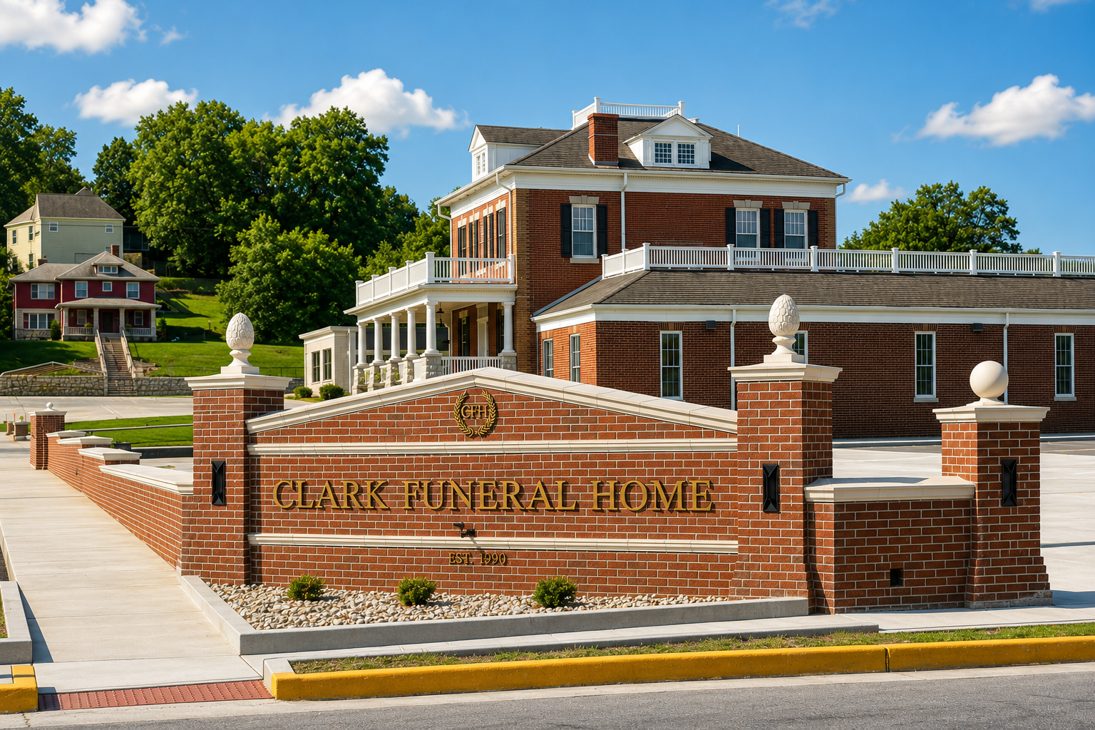 Brick historic home with white trim and a stone sign in front on a sunny street corner