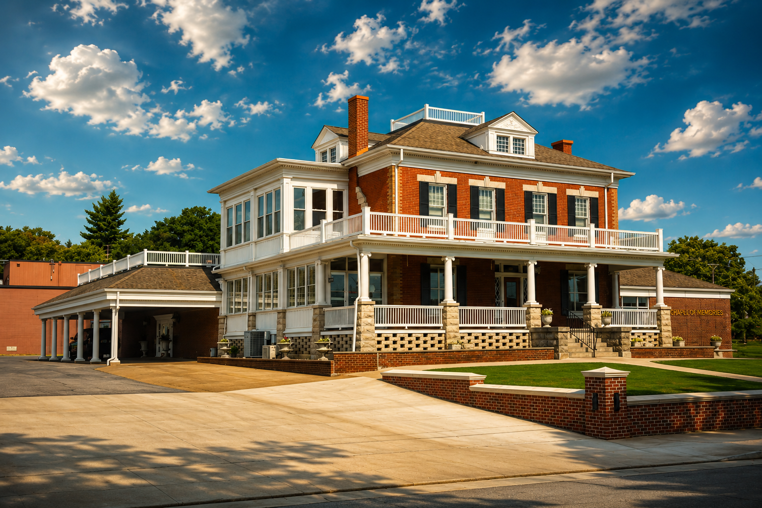 White seaside mansion with red roof and porch beside a covered drive under cloudy sky