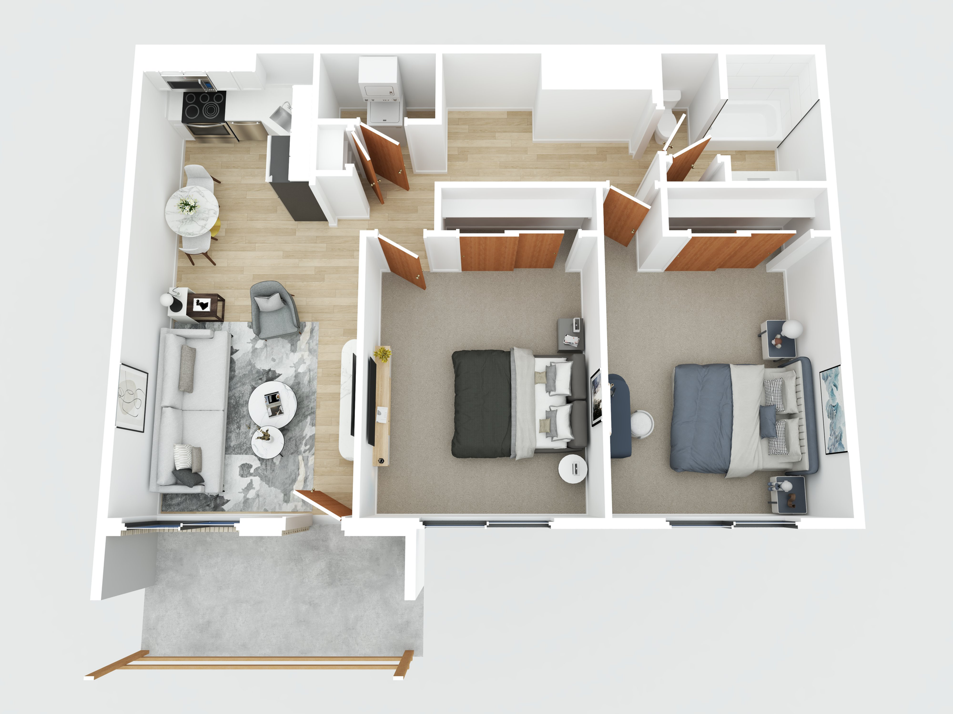 Overhead view of a two-bedroom apartment layout, showing furniture placement and room arrangements.