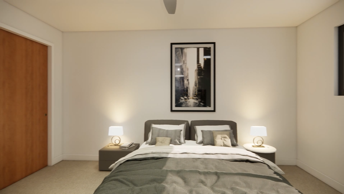 Bedroom with bed, nightstands, artwork, and closet. Soft lighting, neutral color palette.
