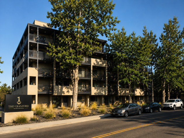Modern multi-story apartment building with balconies, people walking on the lawn.
