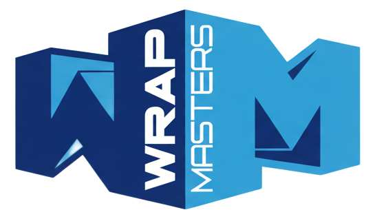 Blue and white "WRAP MASTERS" logo with stylized letters.