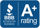 A blue sign that says bbb accredited business and a+ rating.