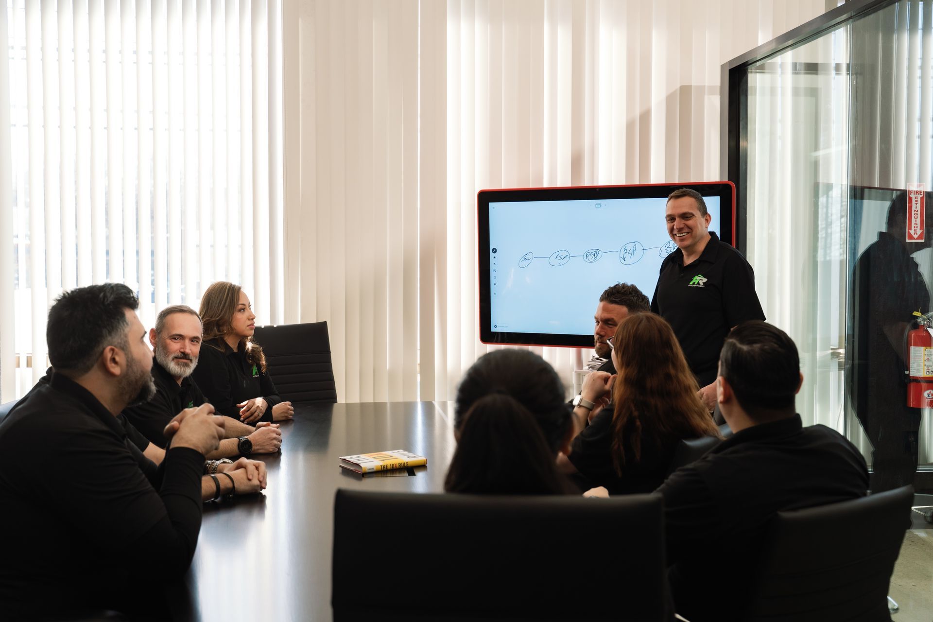 Team meeting in a conference room, with a presenter beside a screen showing a chart.