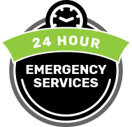 A 24 hour emergency services logo with a clock on top of it.