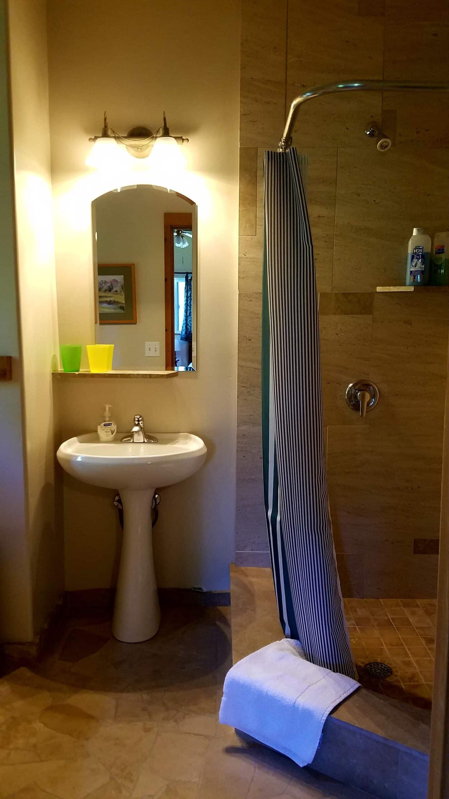 A bathroom with a sink , shower and mirror.