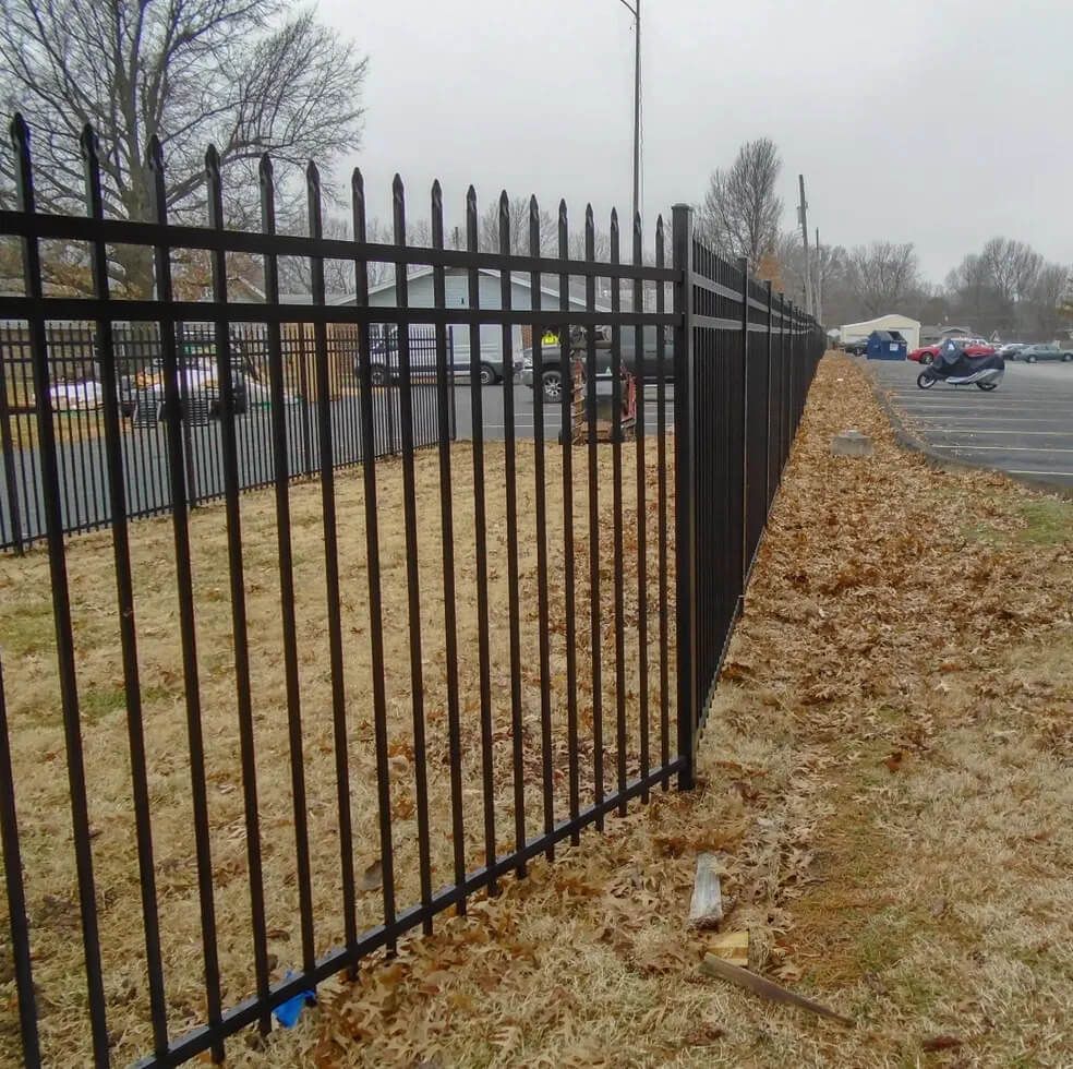 A black metal picket fence runs along a grassy area covered in fallen leaves next to a paved parking lot.