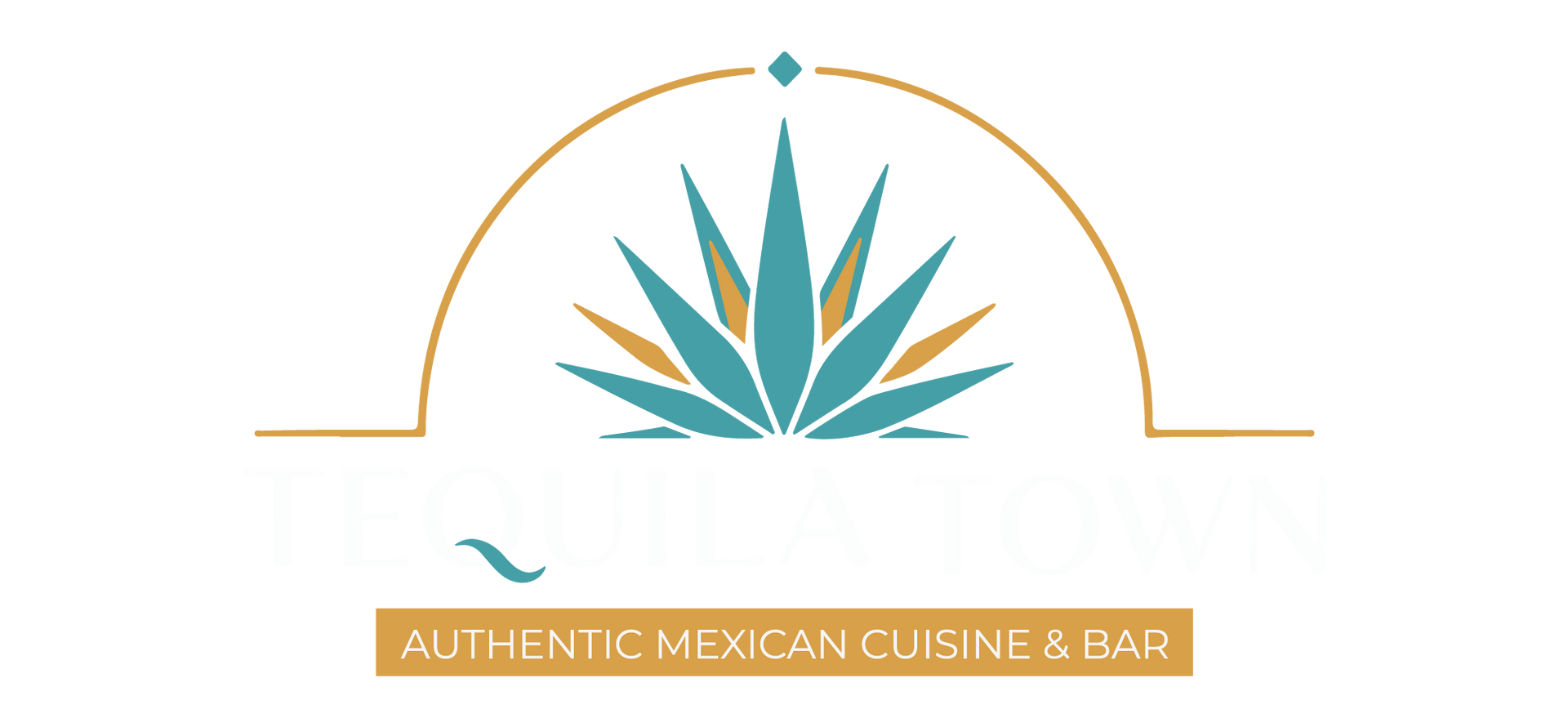 Tequila Town logo with teal agave, gold lettering, and “Authentic Mexican Cuisine & Bar,” Est. 2023