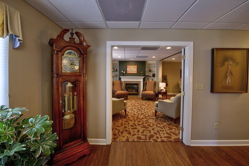 Elegant living room with grandfather clock, patterned rug, and fireplace view through wide doorway