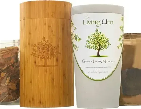 Bamboo cremation urn beside a white memorial urn labeled “Living Urn” with green tree design.
